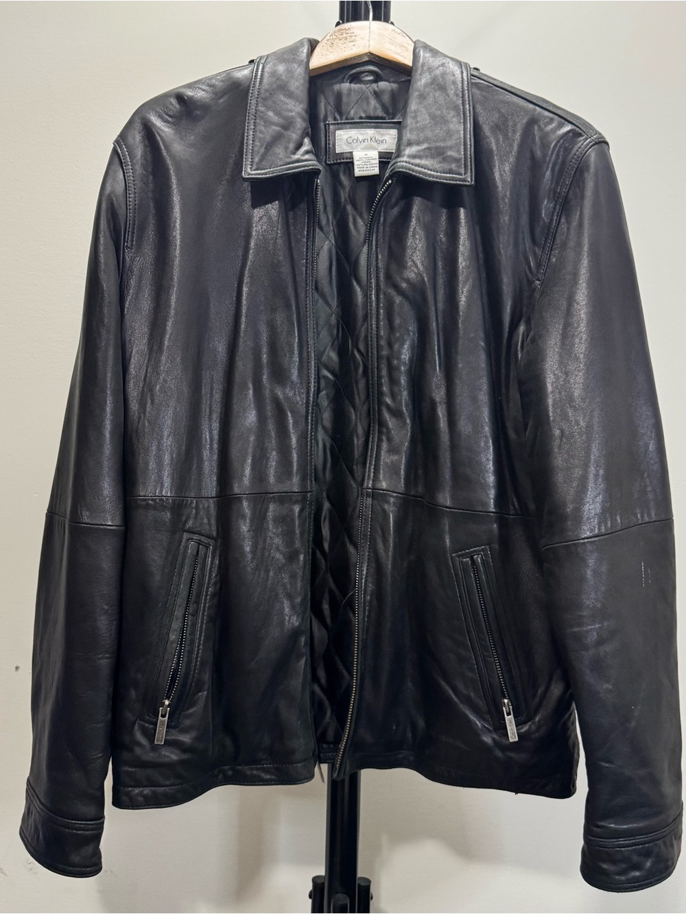 Vintage Calvin Klein Men's Black Leather Bomber Jacket Minimal damaged